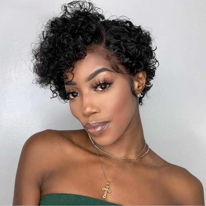 Ship In 24Hours-Lumiere Natural Black 13x4x1 Side Part Lace Curly Short Pixie Cut Bob wig for Women