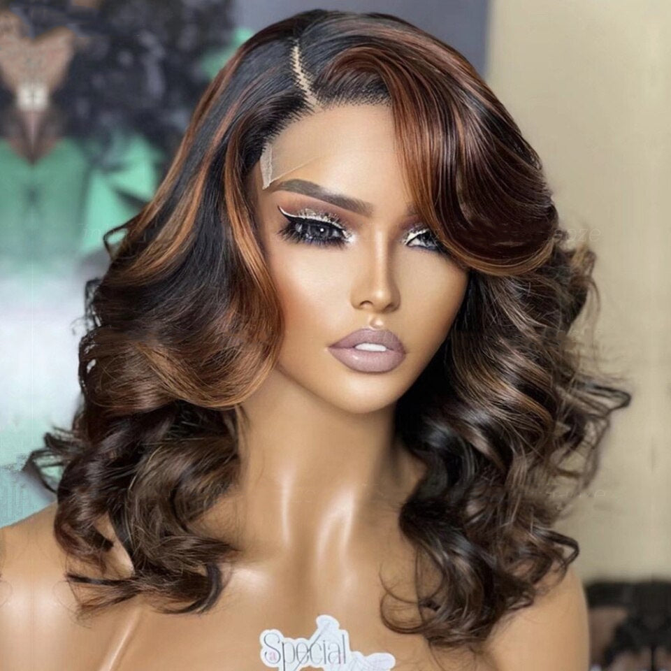Skunk Stripe Face-Framing Brown Highlights Loose bob Wave 13x4 Frontal HD Lace Wig
