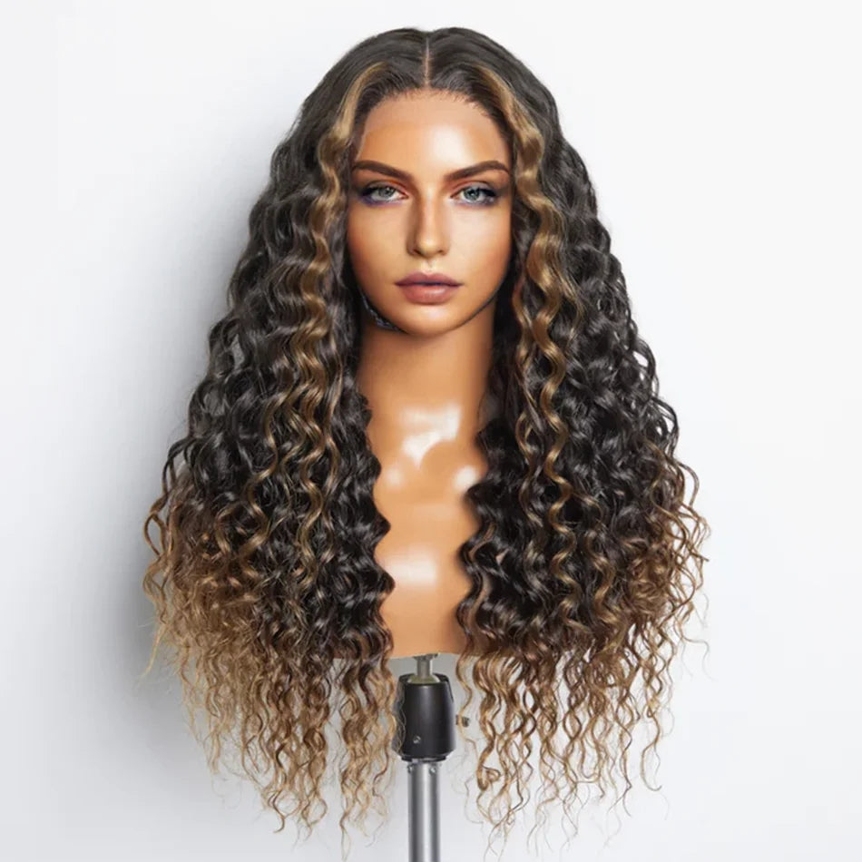 Lumiere Pre Plucked Highlight Brown Colored 13x4 Transparent Lace Frontal 180% Density Human Hair Wigs For Black Women HDZ