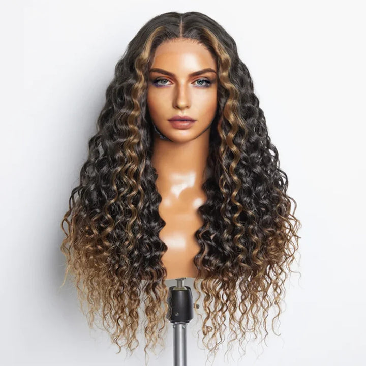 Lumiere Pre Plucked Highlight Brown Colored 13x4 Transparent Lace Frontal 180% Density Human Hair Wigs For Black Women HDZ