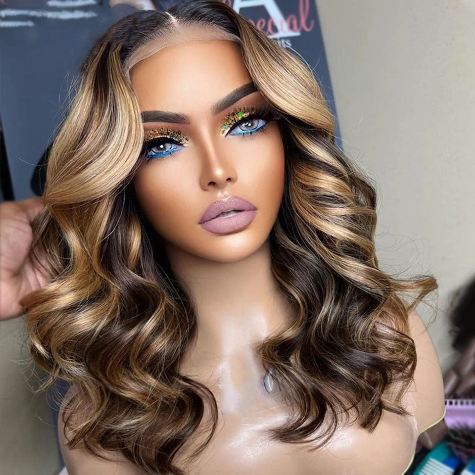 Lumiere Highlight Blonde Short BOB Loose Deep Wave Lace Front Human Hair Wig For Black Women HDZ