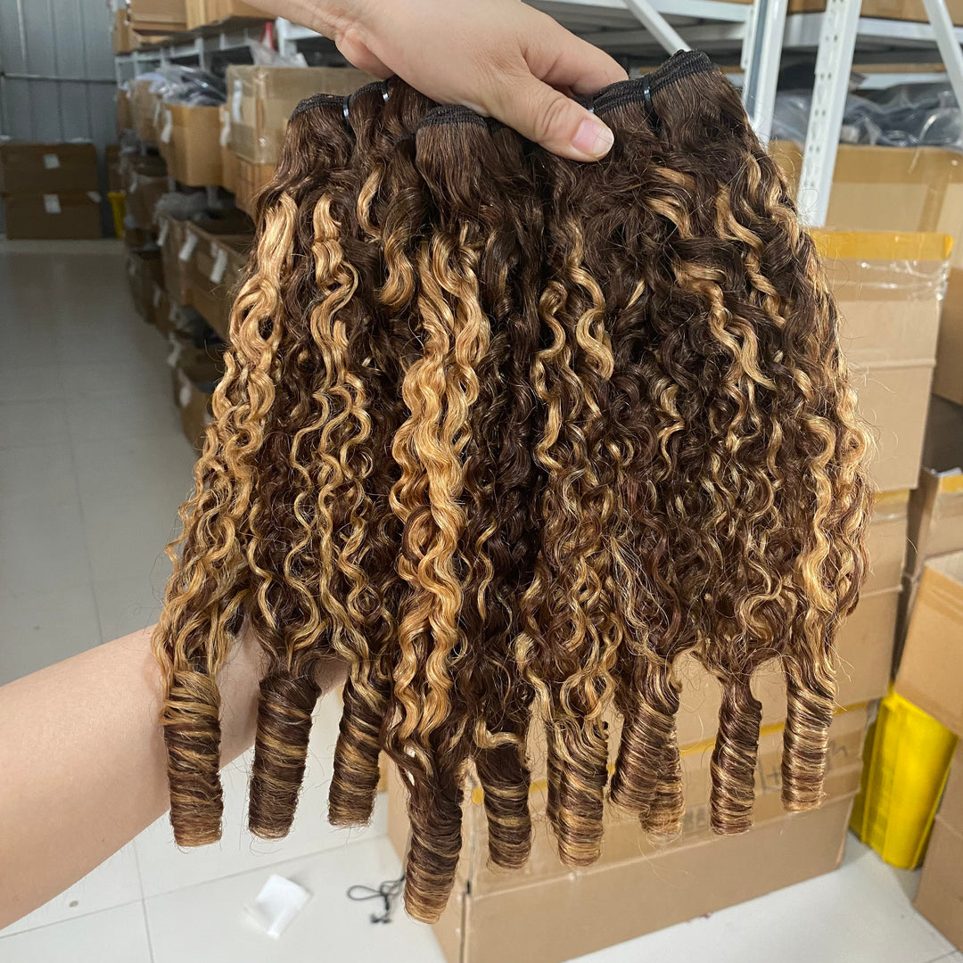 Lumiere Highlight P4/27 Colored Burmese Curly 4 Bundles With 13X4 Frontal Transparent Lace
