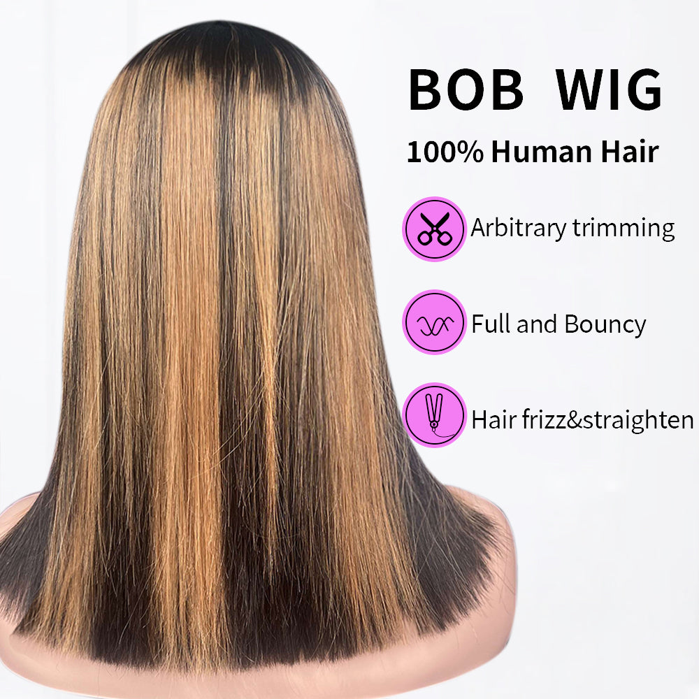 Lumiere Highlight Straight Bob Human Hair Wig with Bangs None lace Bob Wigs 180% Density Wear and Go Glueless Machine Made Colored Wig for Woman 14 Inch