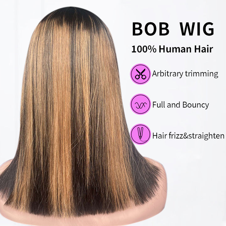 Lumiere Highlight Straight Bob Human Hair Wig with Bangs None lace Bob Wigs 180% Density Wear and Go Glueless Machine Made Colored Wig for Woman 14 Inch