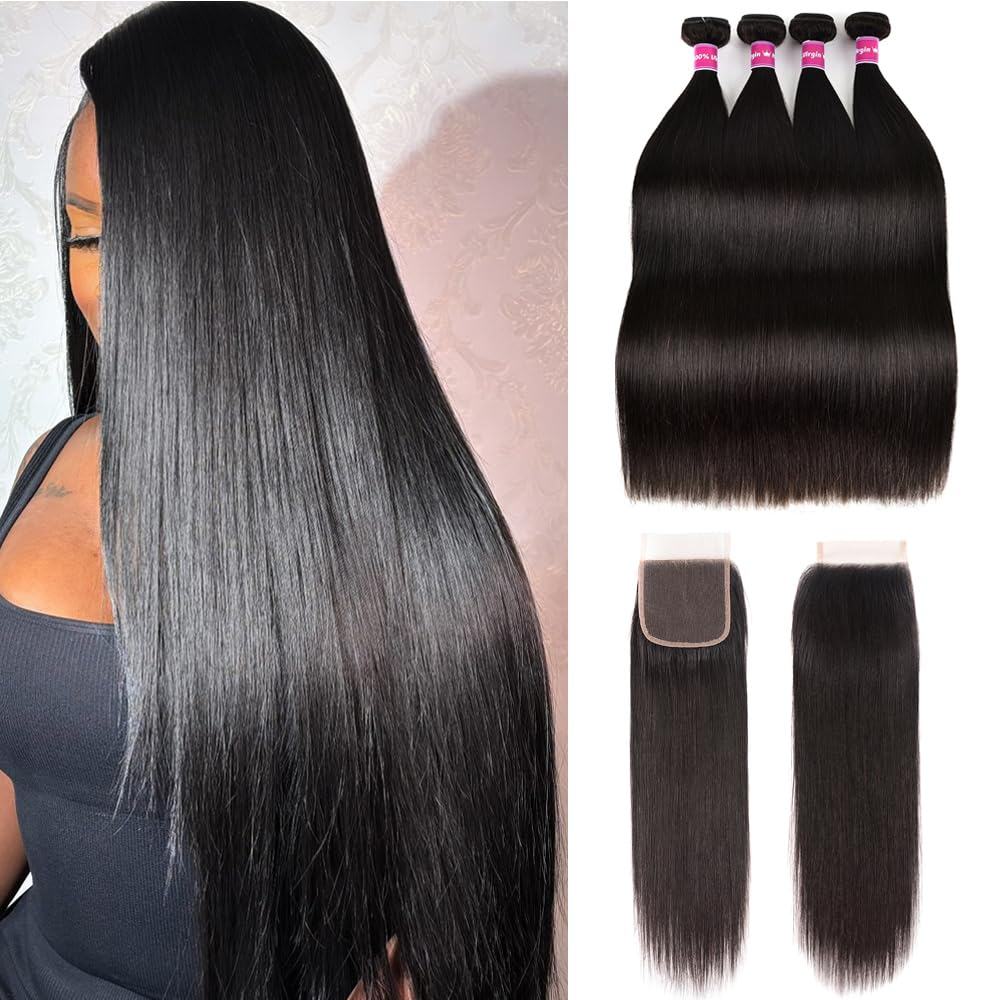 15A Straight 4 Bundles With 4X4 Lace Closure 100% Virgin Human Hair Extension