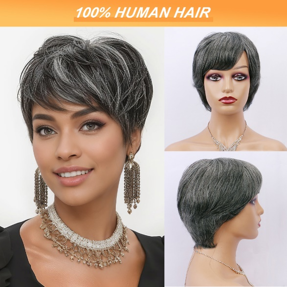New Pixie Cut Salt And Pepper Colored Full Machine None Lace Grey Short Wig