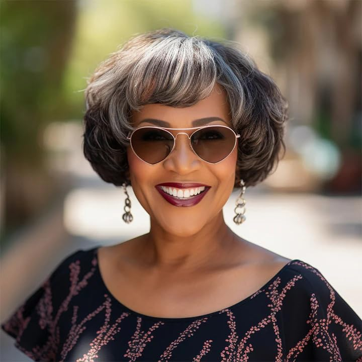 Salt And Pepper Colored Short Wave Full Machine Wigs With Bangs Bob Wig 6 inch