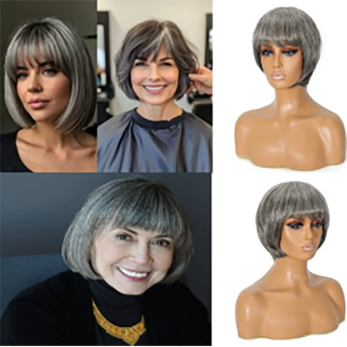 Silver Wig Grey Ombre Women's Wig with Curtain Bangs Salt And Pepper Synthetic Highlights Grey Bob Short Hair Silver Multi Layered Wig 8inch Full Machine