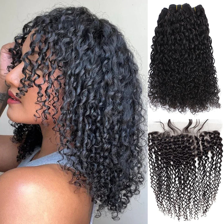 Brazilian Pixie Curly 3 Bundles with 13x4 HD Lace Frontal Virgin Hair Extensions