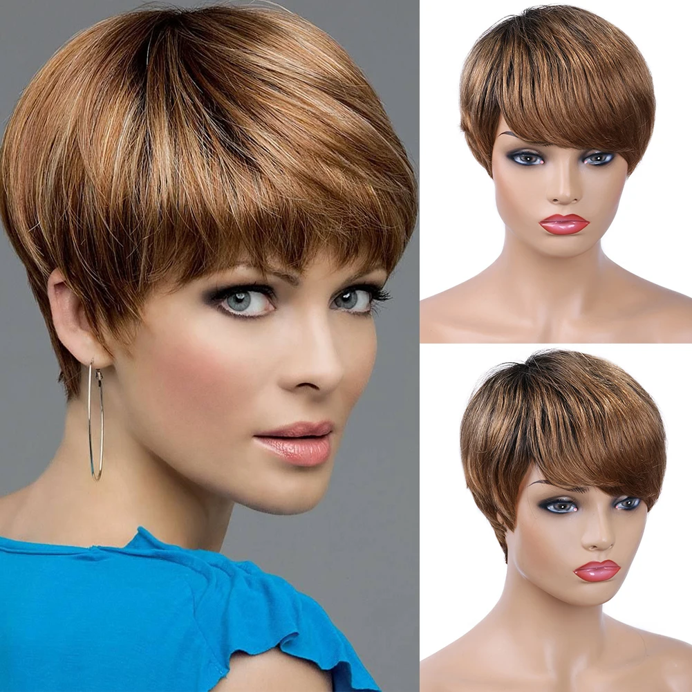 New Pixie Cut Short Pixie Cut Wigs Straight Brazilian Remy Hair 1B #4 Brown Color Machine Made Wigs For Women