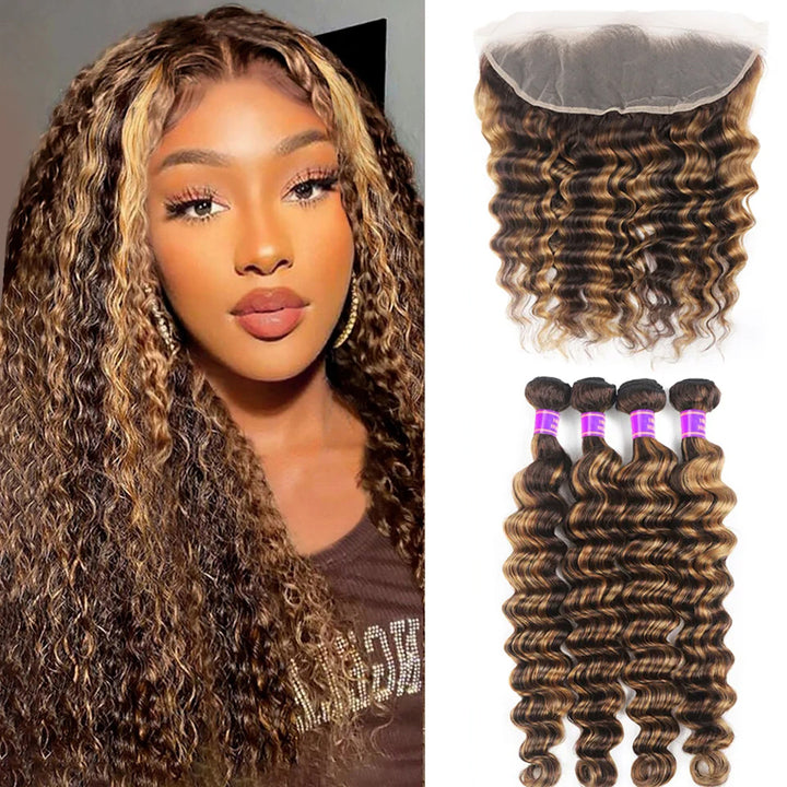 Highlight P4/27 Deep Wave 4 Bundles With 13X4 Frontal Transparent Lace