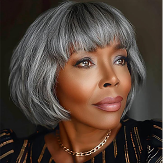 Short Bob Cut Salt and Pepper Grey Wigs Full Machine None Lace Fashion Wig 8 inch