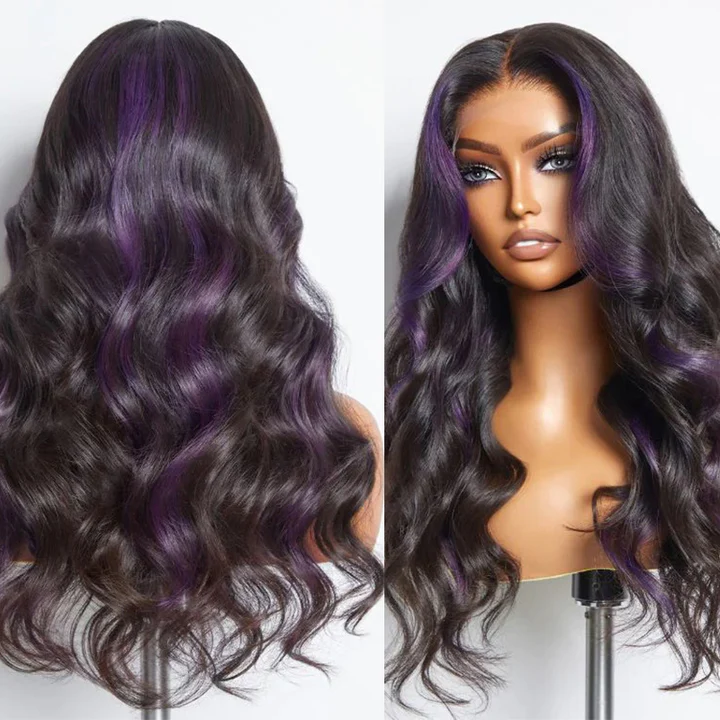 Lumiere WG-98 Purple Highlight On Natural Hair Multi Colored Lace Front Body Wave Wig Natural Color with Mixed purple Human Hair Wig