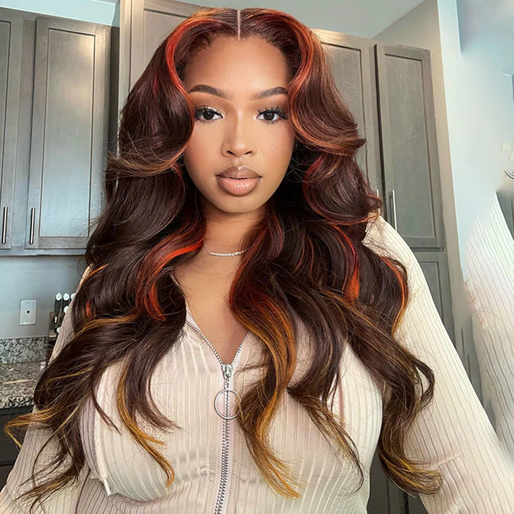 Lumiere Ginger Highlights On Brown Hair Multi Colored Lace Front skunk stripe Body Wave Wig Brown with Mixed Orange Yellow Human Hair Wig