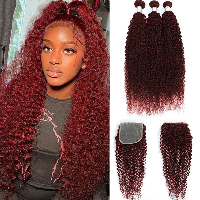 Red Bundles #99j Kinky Curly 3 Bundles With 4X4 Lace Closure For Women Human Hair