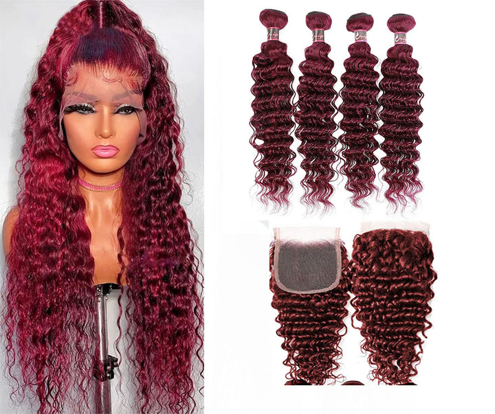 Red Bundles #99j  Deep Wave 4 Bundles With 4x4 Lace Closure Human Hair