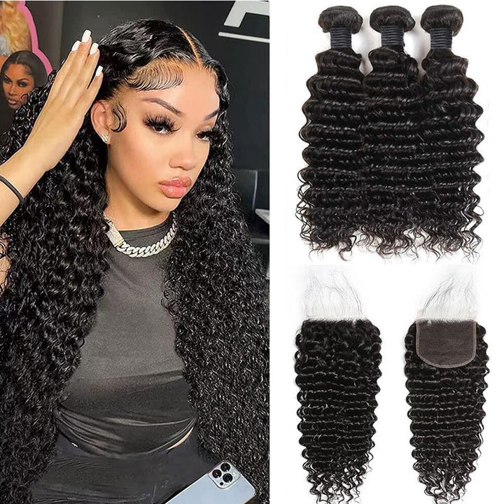 Deep Wave 3 Bundles With Closure 6x6 lace 100% virgin human hair