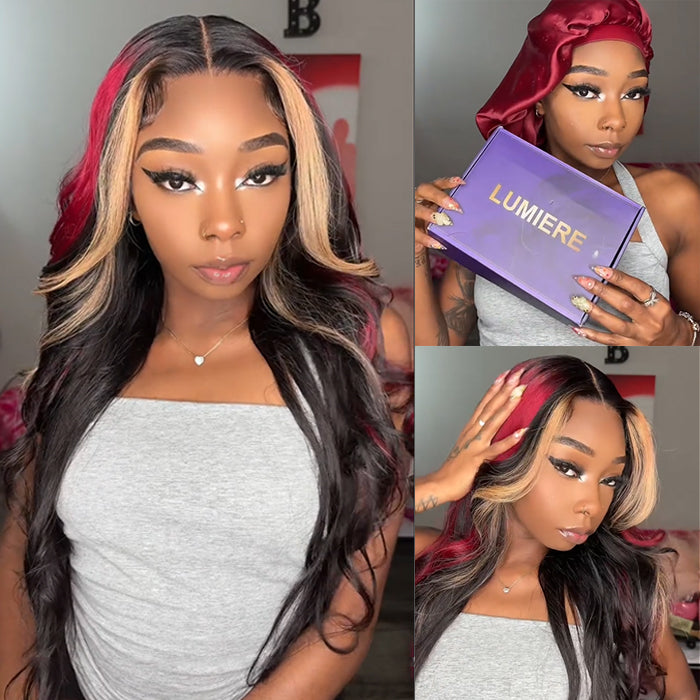 WG-91 Highlight Skunk Stripe 99J Blonde Body Wave 13x4 Lace Front Wig Straight Hair For Women