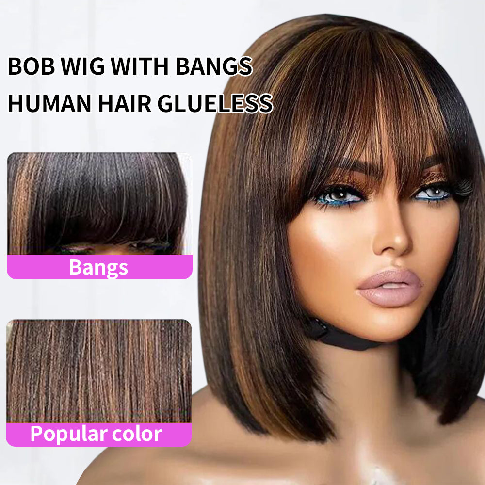 Lumiere Highlight Straight Bob Human Hair Wig with Bangs None lace Bob Wigs 180% Density Wear and Go Glueless Machine Made Colored Wig for Woman 14 Inch