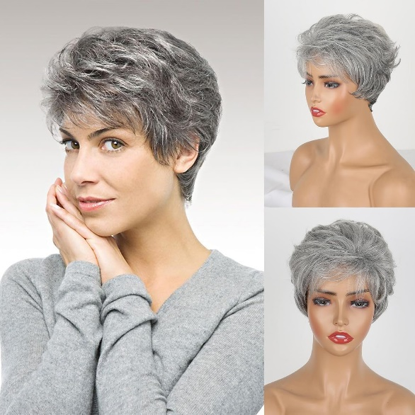 New Pixie Cut Salt And Pepper Colored Short Straight Full Machine Wigs With Bangs Bob Wig