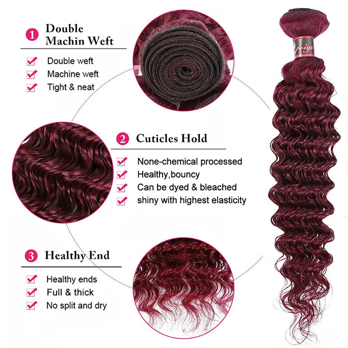 Red Bundles #99j Deep Wave 3 Bundles With 13x4 HD Lace Frontal Human Hair