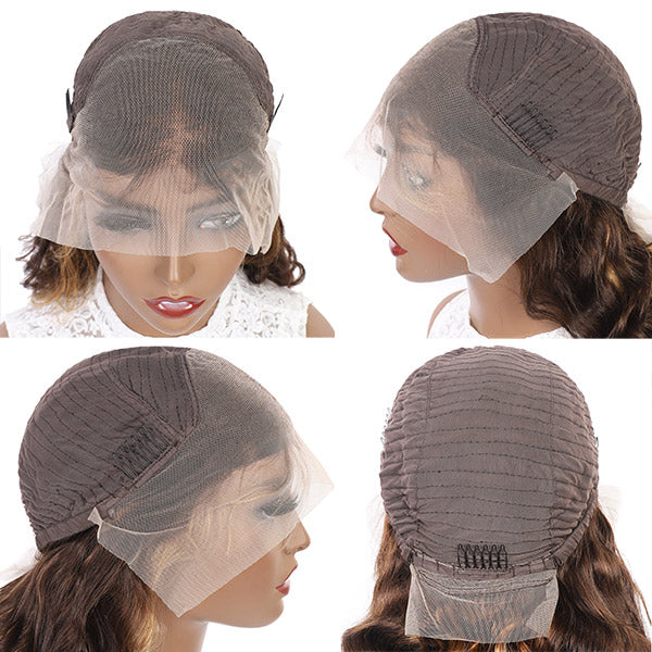 Highlights Hair Body Wave Lace Front Wig P4/27 Transparent Lace Brown Hair with Blonde Highlights Wigs