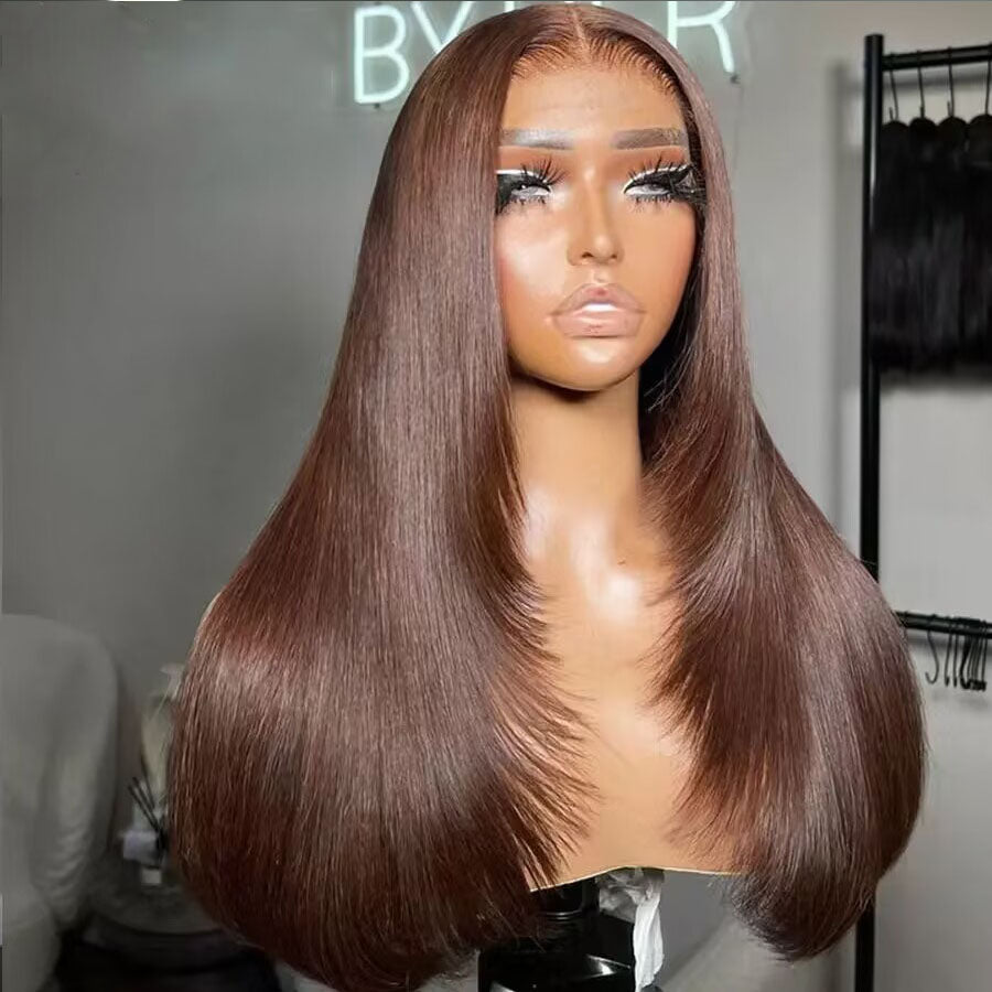 Lumiere Brown 13x4 Lace Front Straight Layer Cut Wig 150% Density Human Hair Wigs For Black Women HDZ