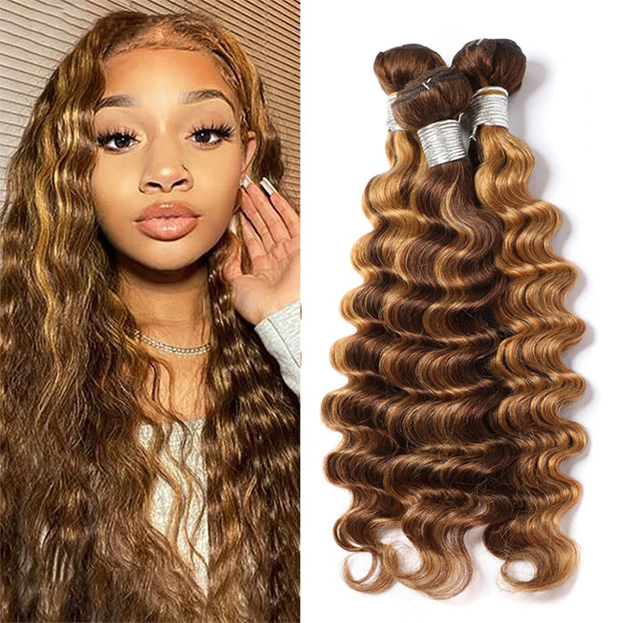 Highlight Loose Deep Wave 3 Bundles Brazilian 30 Inch Human Hair Bundles P4/27 Ombre Brown Hair Extensions(No Code Need)
