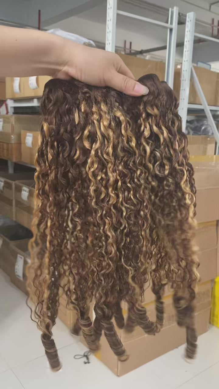 Lumiere Highlight P4/27 Colored Burmese Curly 4 Bundles With 13X4 Frontal Transparent Lace