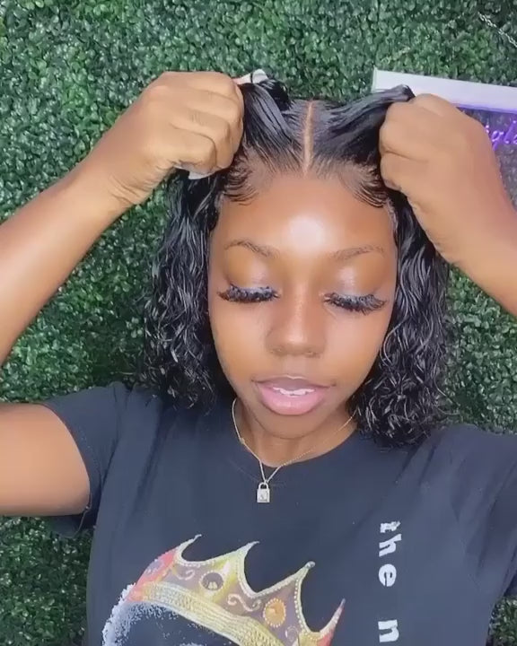 Wear & Go Glueless Water Wave 13x4 Lace Front Bob Perruques de cheveux humains pour femmes noires