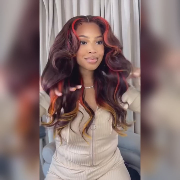 Lumiere Ginger Highlights On Brown Hair Multi Colored Lace Front skunk stripe Body Wave Wig Brown with Mixed Orange Yellow Human Hair Wig