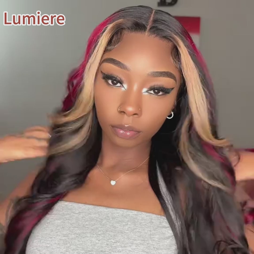 WG-91 Highlight Skunk Stripe 99J Blonde Body Wave 13x4 Lace Front Wig Straight Hair For Women