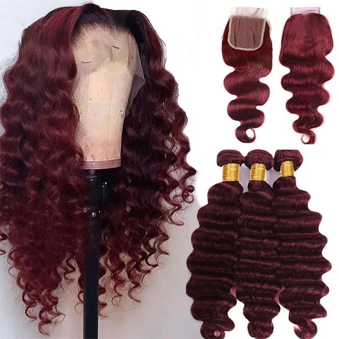 Red Bundles #99J  loose deep 3 Bundles With 4X4 Transparent Lace Closure  Human Hair