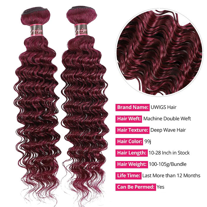 Red Bundles #99j  Deep Wave 4 Bundles With 4x4 Lace Closure Human Hair