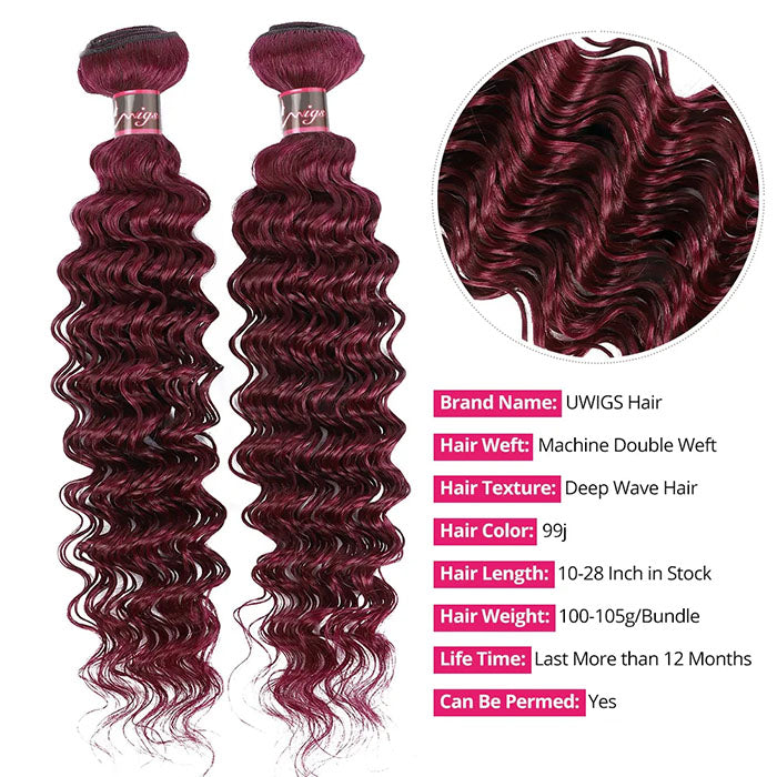 Red Bundles #99j Deep Wave 3 Bundles With 13x4 HD Lace Frontal Human Hair