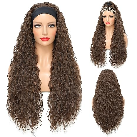 Chocolate Brown Water Wave Headband Wig for Women None Lace