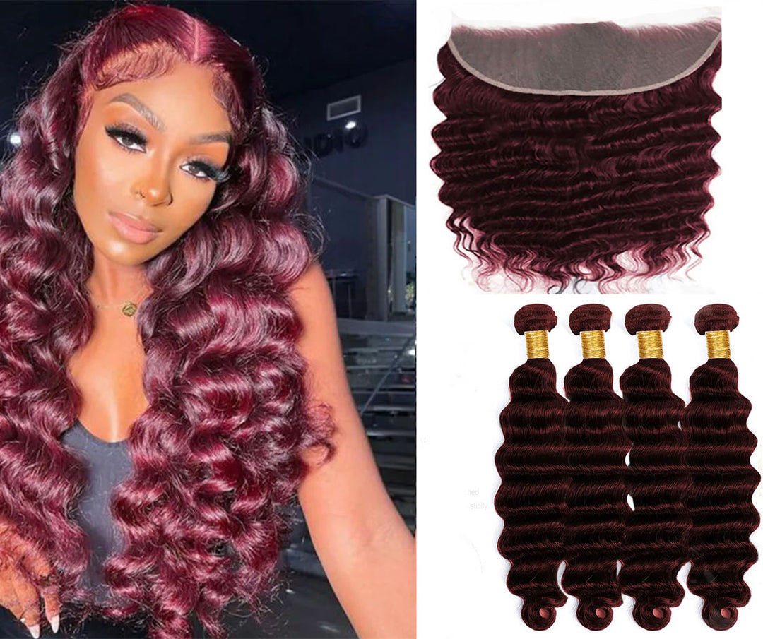 Red Bundles #99j Loose Deep Wave 4 Bundles With 13X4 Frontal Transparent Lace