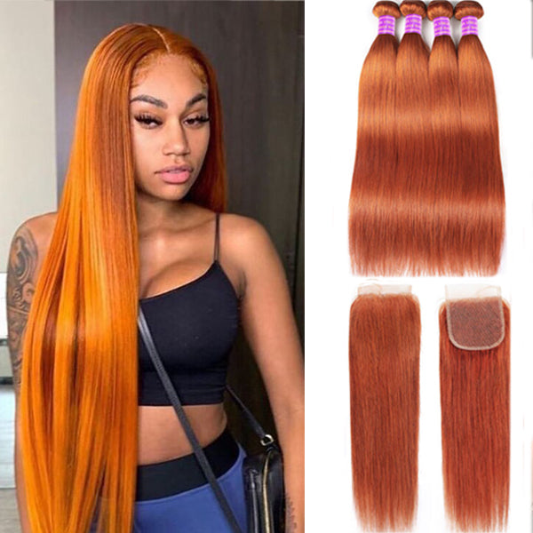 350 Ginger Color Straight Hair 4 Bundles With 4x4 Closure Lace Brazilian 100% Human Hair Extension(No Code Need)