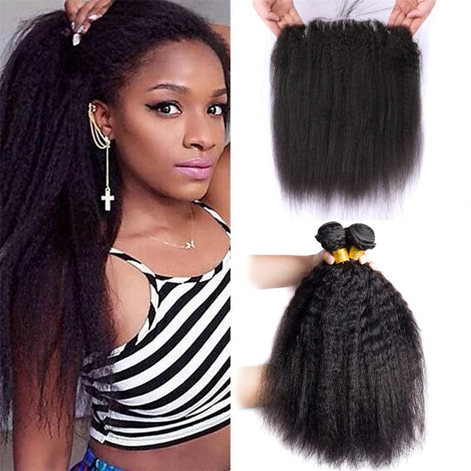 Kinky Straight Human Hair 4 Bundles With 13x4 Frontal Remy Hair Extensions Natural Color Kinky Straight Bundles