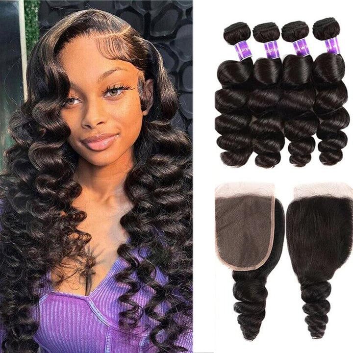 Loose Wave 4 Bundles With Closure 6x6 lace 100% virgin human hair