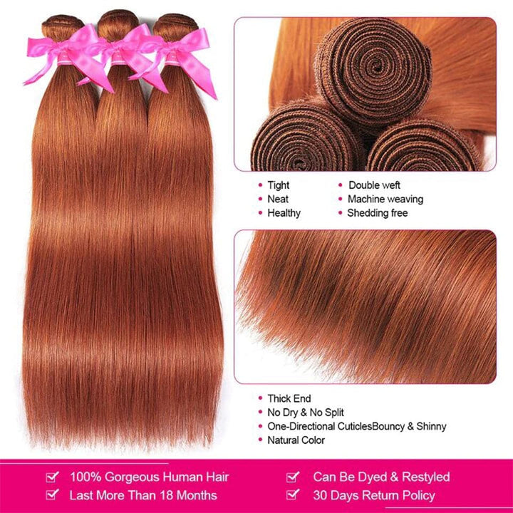 #350 Ginger Blonde Hair Bundles with Closure Straight 4 Bundles with 4x4 HD Lace Closure Human Hair Extensation