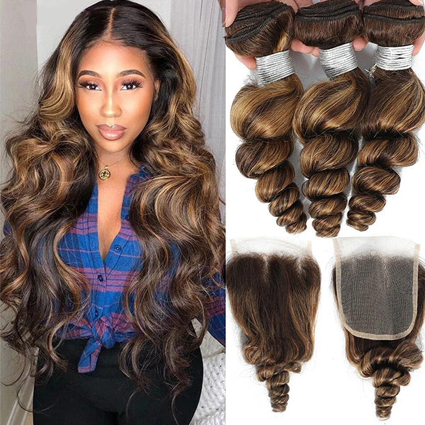 Highlight P4/30 Loose Wave 3 Bundles With 4X4 Transparent Lace Closure Brazilian Human Hair