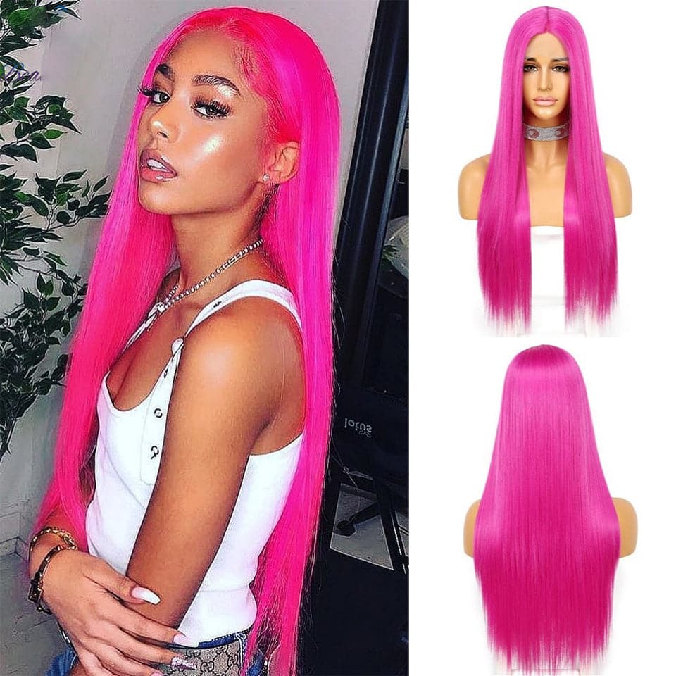 Hot Dark Pink 13x4 Lace Front Straight Long Human Hair Wigs Wig for Women