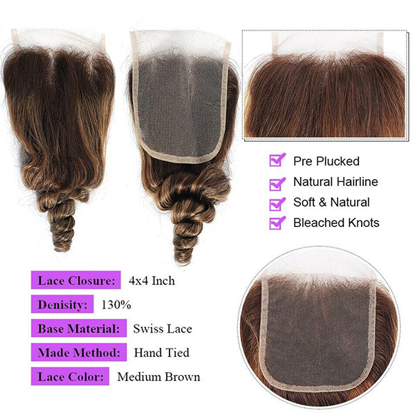 Highlight P4/30 Loose Wave 3 Bundles With 4X4 Transparent Lace Closure Brazilian Human Hair