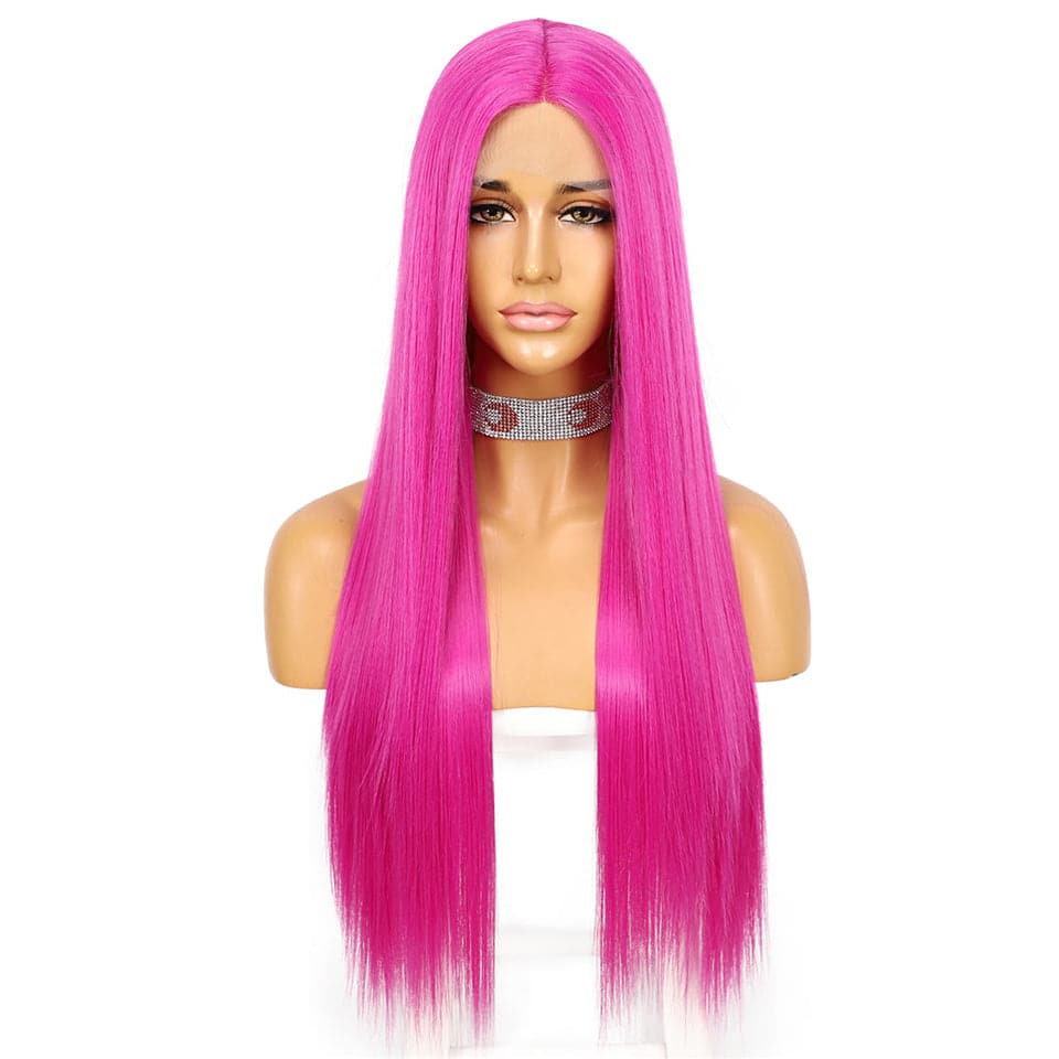 Hot Dark Pink 13x4 Lace Front Straight Long Human Hair Wigs Wig for Black Women