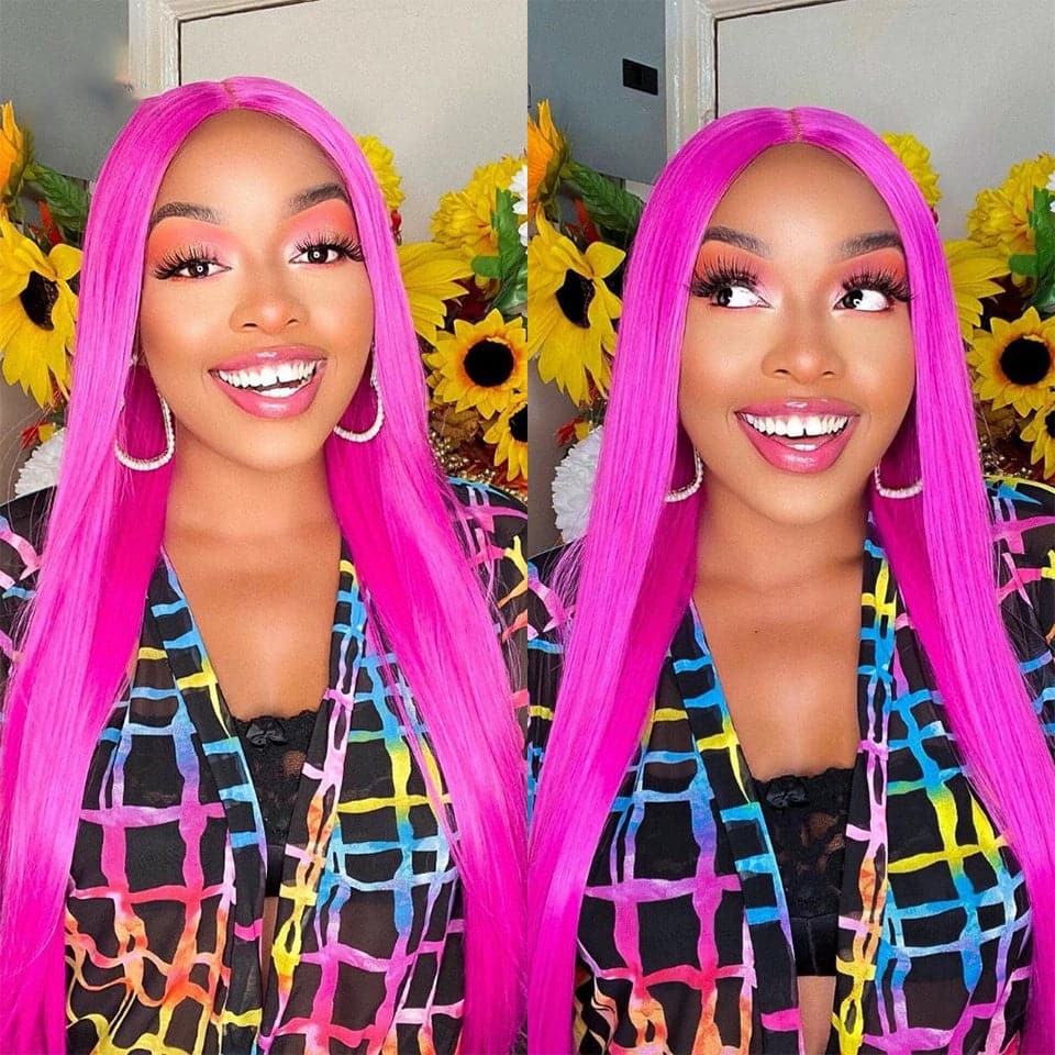 Hot Dark Pink 13x4 Lace Front Straight Long Human Hair Wigs Wig for Women