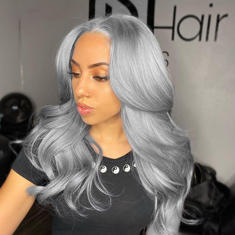 Silver Gray Body Wave HD Transparent Lace Frontal Wigs Human Hair