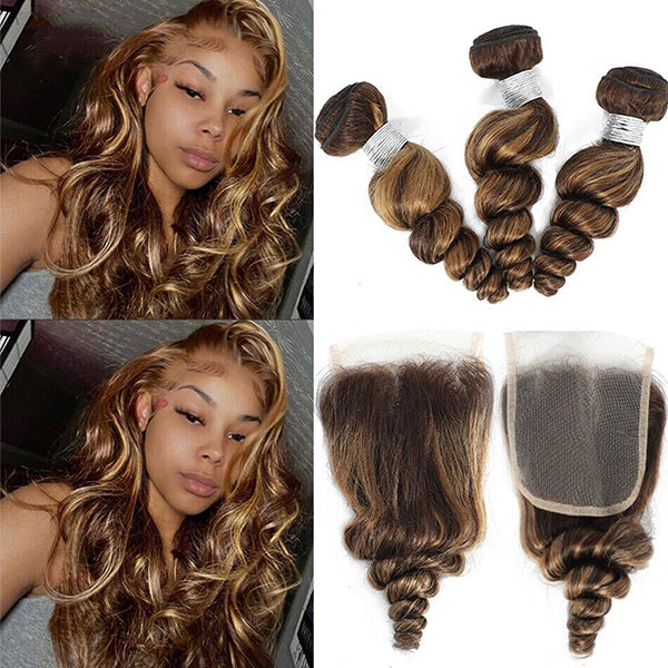 Highlight P4/30 Loose Wave 3 Bundles With 4X4 Transparent Lace Closure Brazilian Human Hair