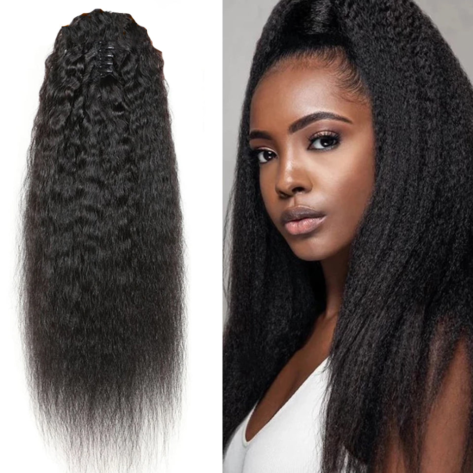 Kinky Straight Claw Ponytail Human Hair Extensions Nature Black