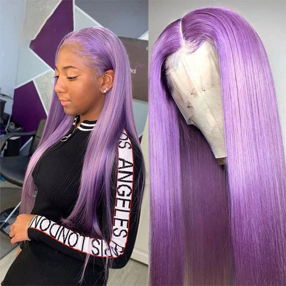 Light Purple Straight Lace Front / Closure Human Hair Wig With Baby Hairlosure